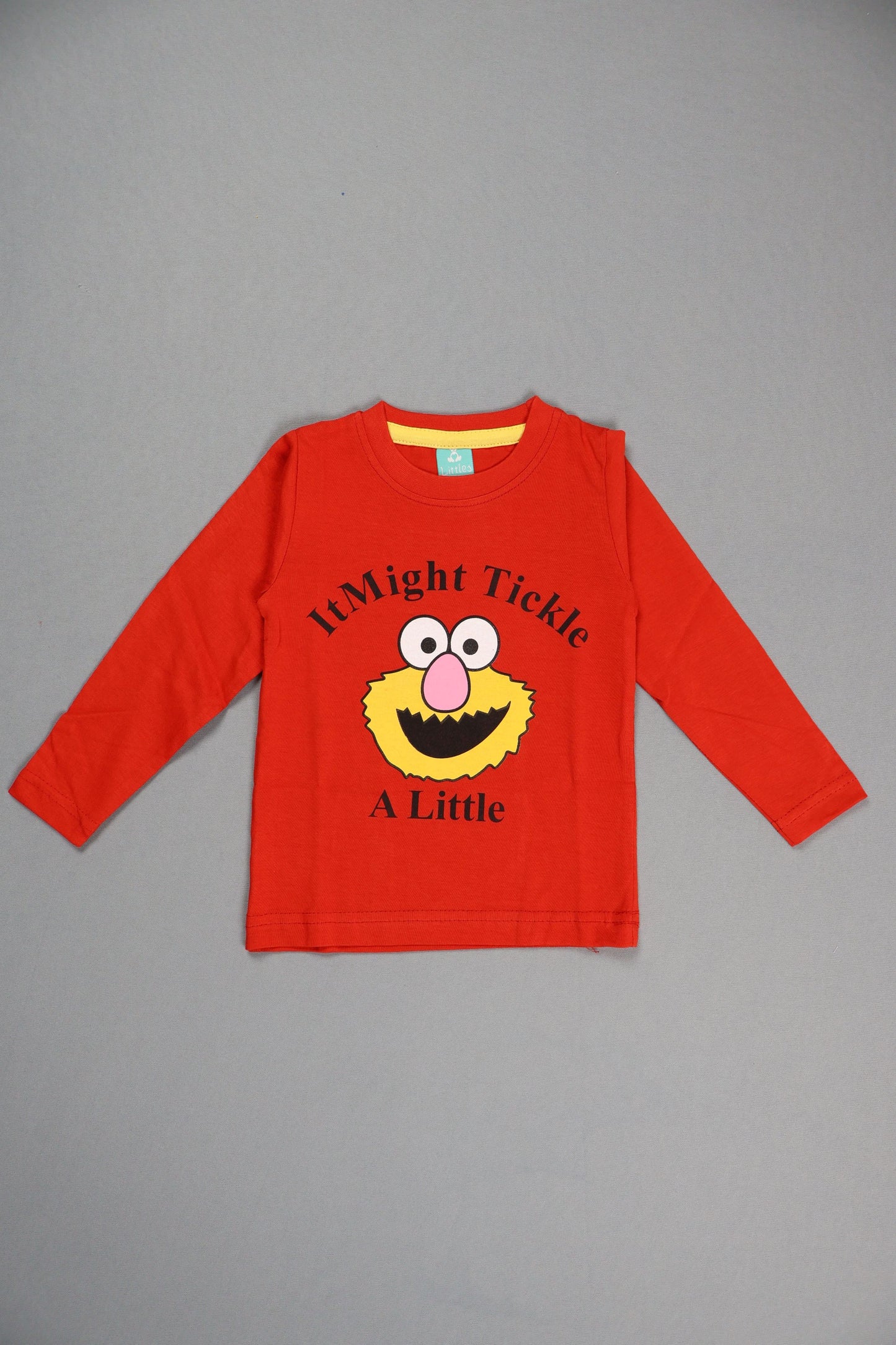 Red long-sleeve shirt with a cartoon character on a gray background