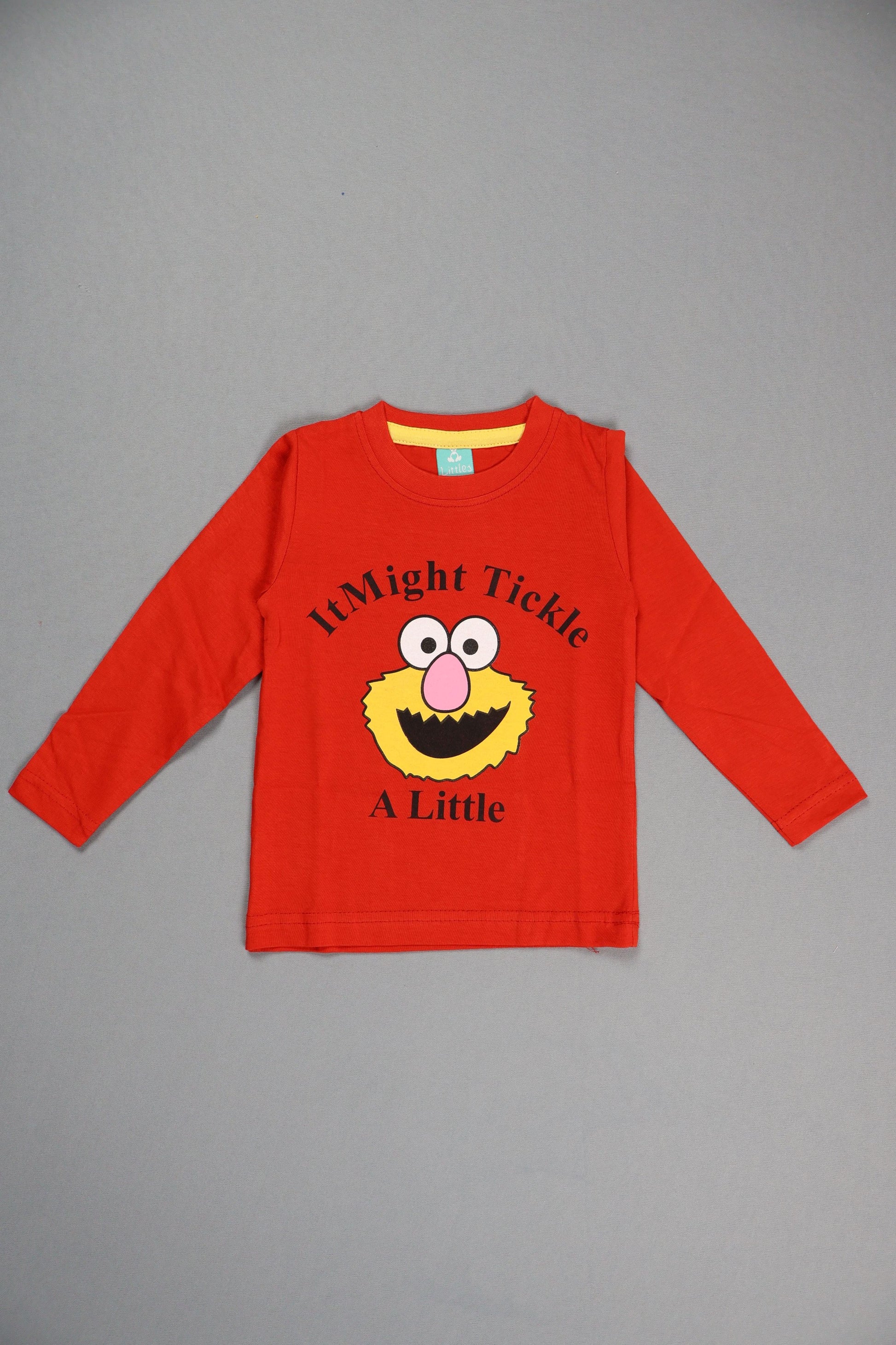 Red long-sleeve shirt with a cartoon character on a gray background