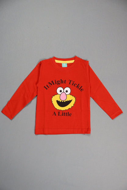 Red long-sleeve shirt with a cartoon character on a gray background