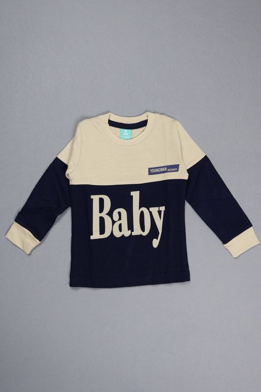 Navy and beige baby sweater with 'Baby' text on a gray background
