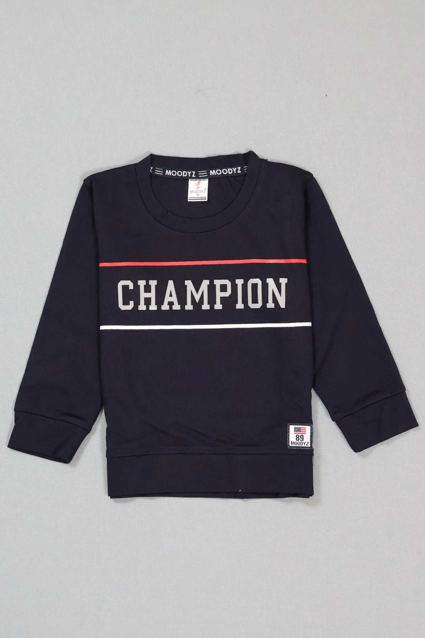 Black sweatshirt with 'Champion' text on a gray background
