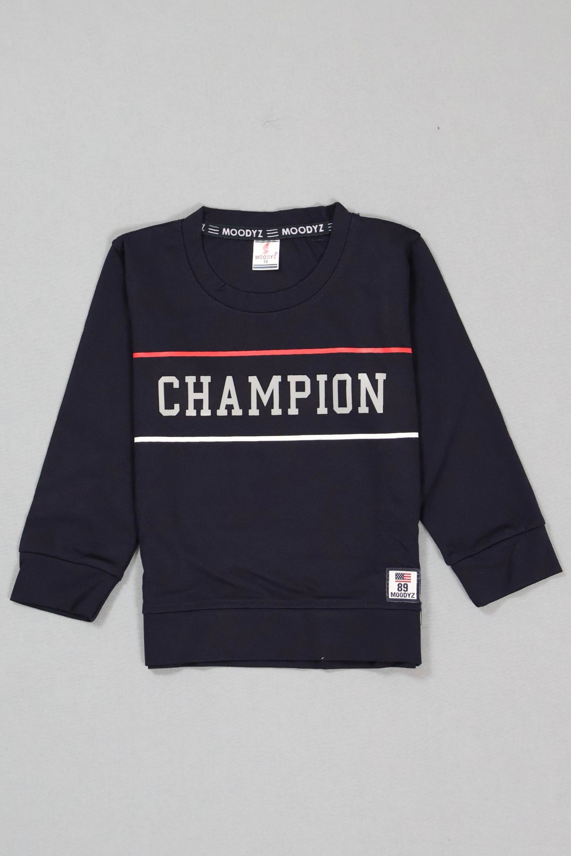 Black sweatshirt with 'Champion' text on a gray background