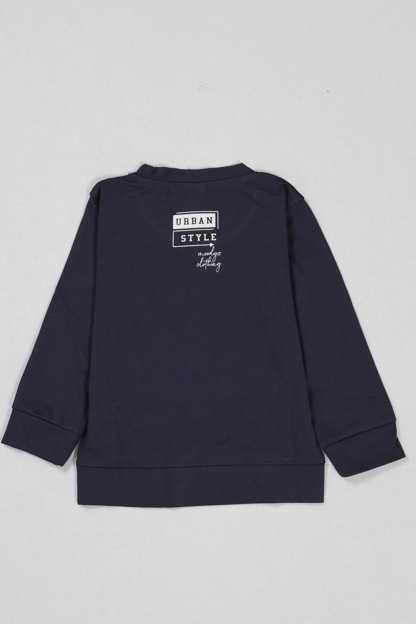 Navy blue sweatshirt with text on the back against a light gray background
