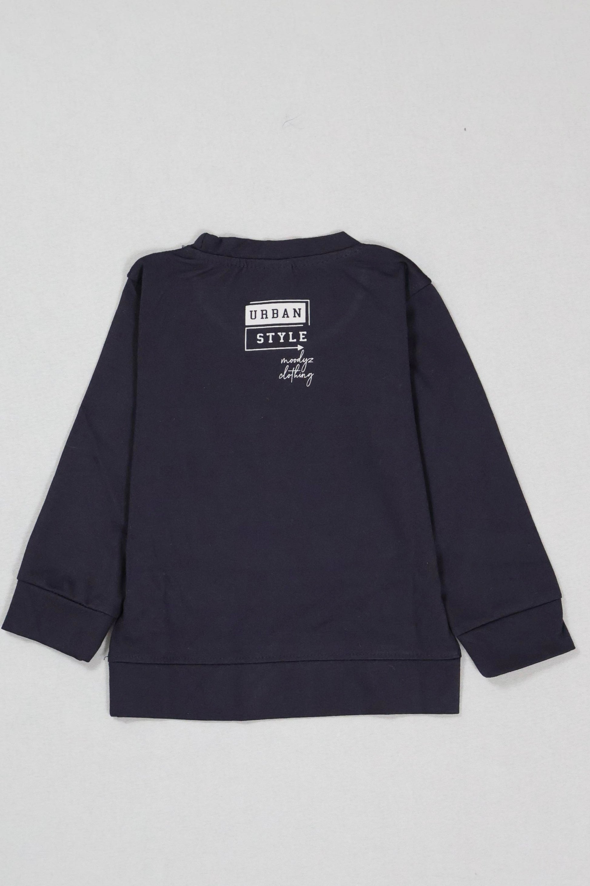 Navy blue sweatshirt with text on the back against a light gray background
