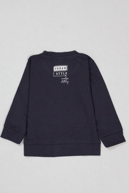 Navy blue sweatshirt with text on the back against a light gray background