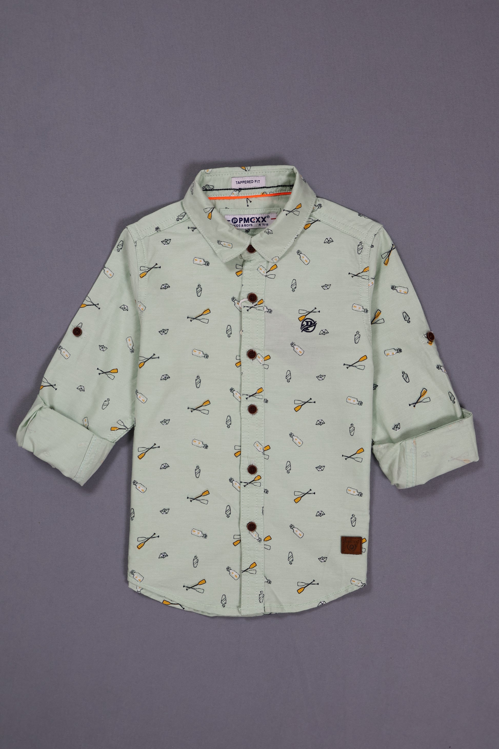 Light green shirt with small pattern on a gray background