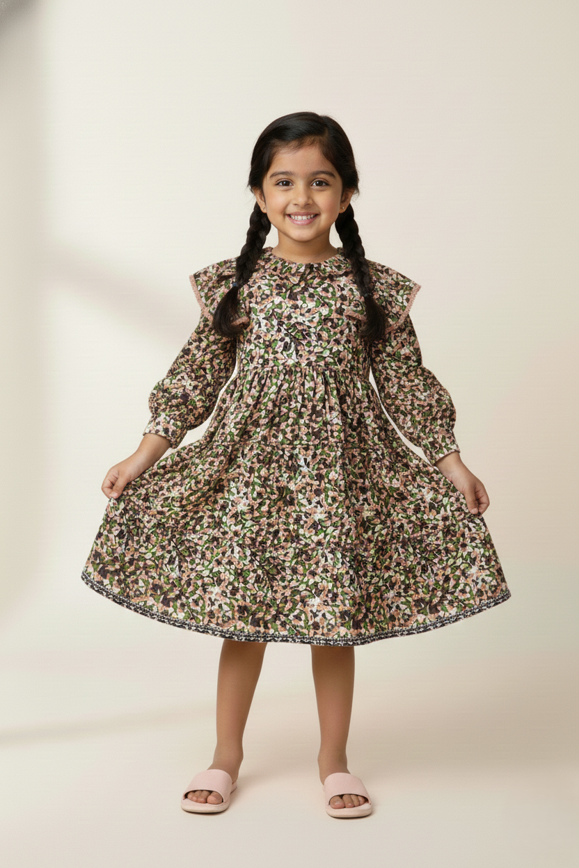 "A long-sleeved dress featuring an all-over abstract floral pattern in olive green, pink, black, and white. The design includes a V-shaped ruffle detail with pink lace trim across the chest, buttoned cuffs, and a flared, tiered skirt."