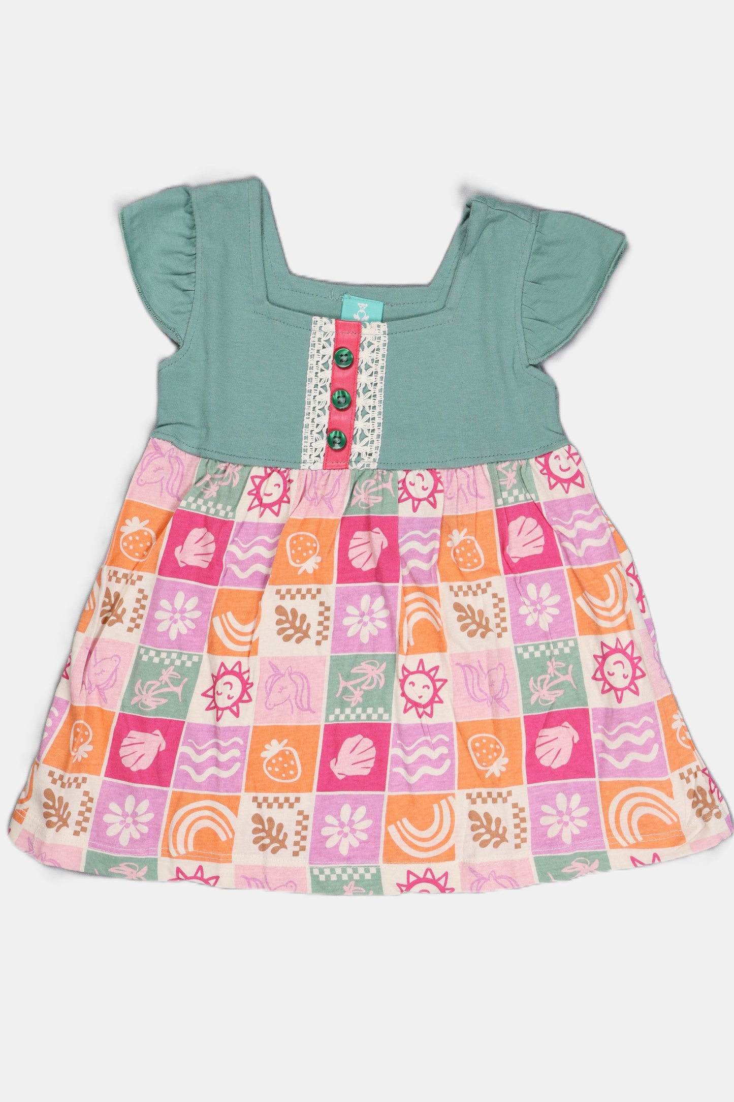 Fyst baby girl dress featuring a teal flutter-sleeve knit top with button details and a multi-color checkered skirt with sun, shell, and floral prints.