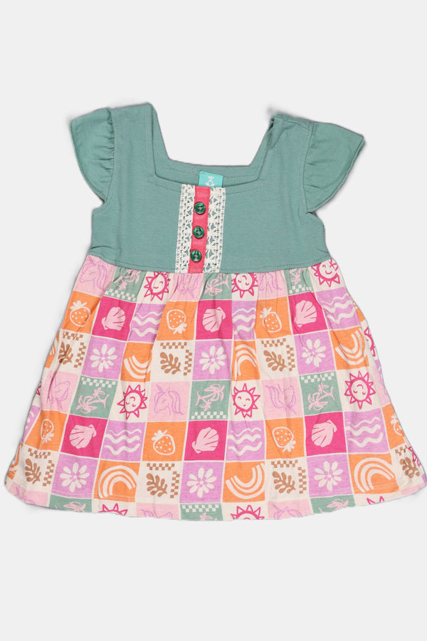 Fyst Girls Teal Green & Pink Cotton Ruffle Sleeve Button-Down Frock