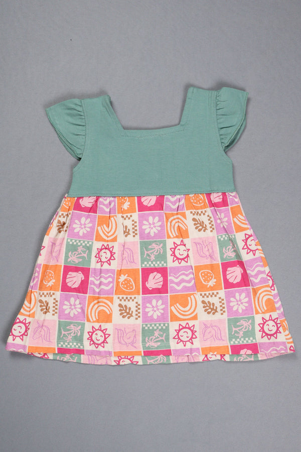 Fyst Girls Teal Green & Pink Cotton Ruffle Sleeve Button-Down Frock