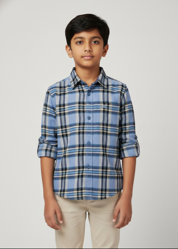 Fyst Cotton Signature Nautical Grid Checkered Shirt for Boys – Powder Blue