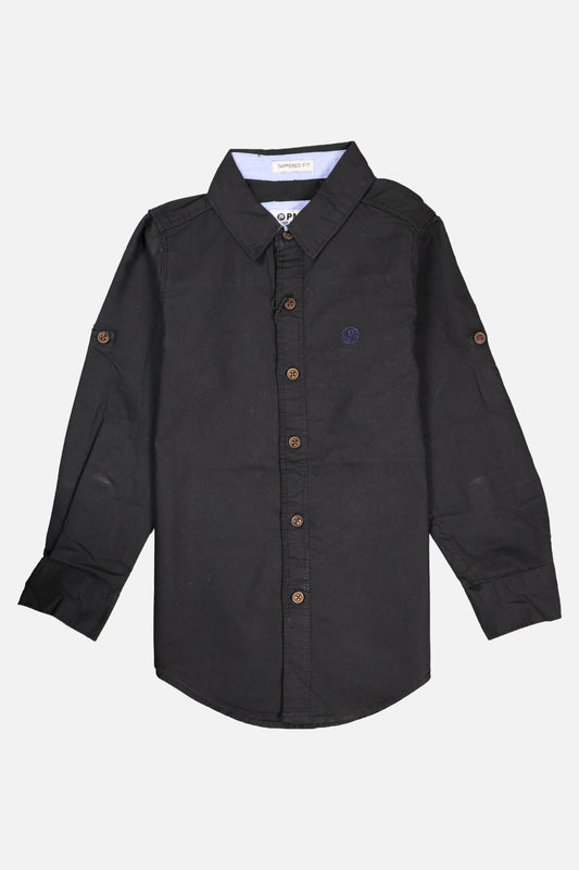 Black button-up shirt on a white background