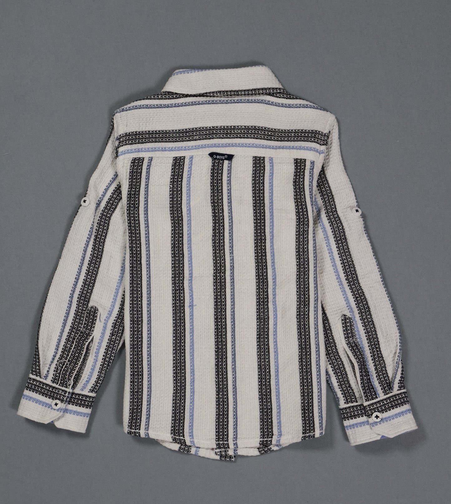 Striped shirt with black and blue patterns on a gray background