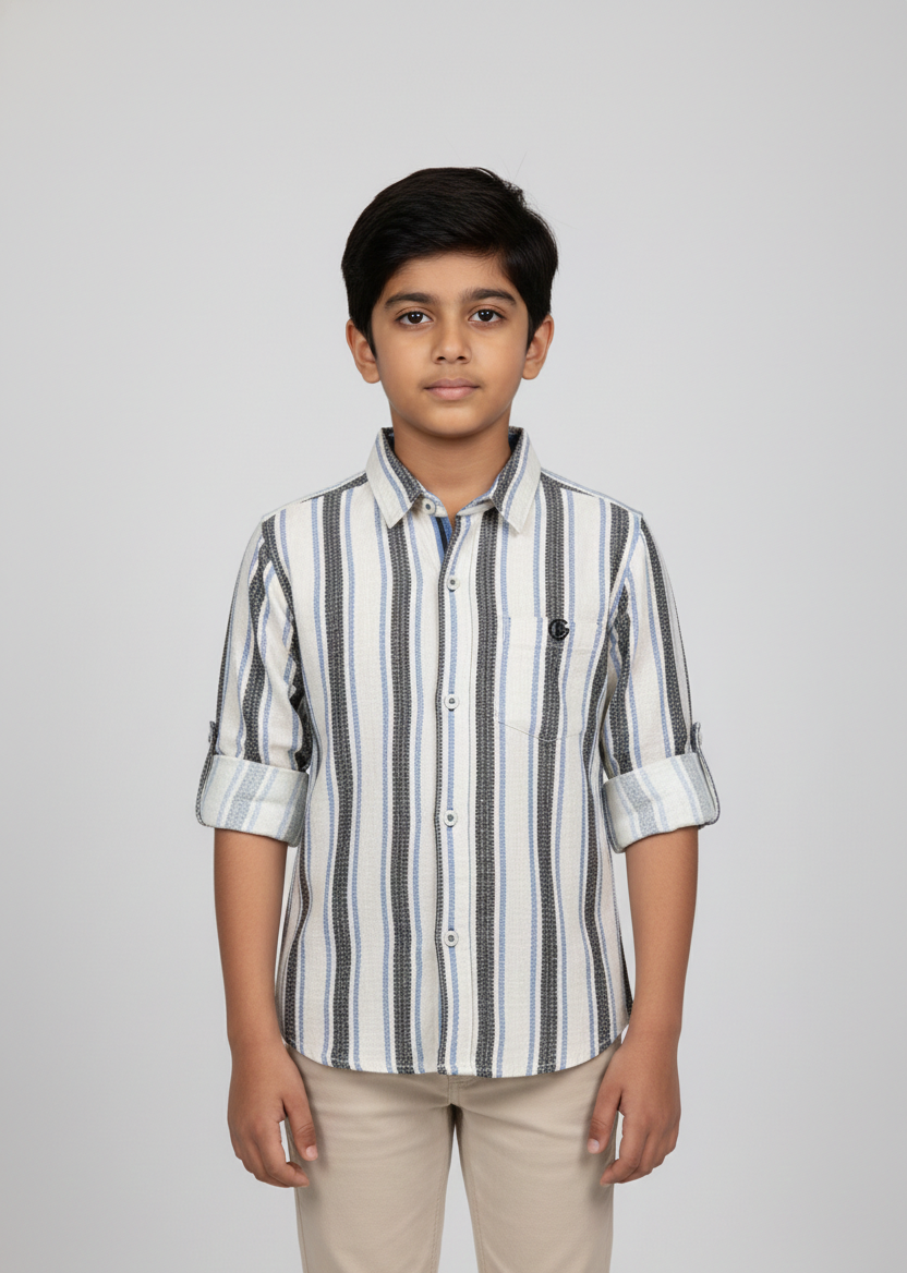 Fyst Cotton Textured Striped Full Sleeve Shirt for Boys - Beige & Black - Fyst Fashion