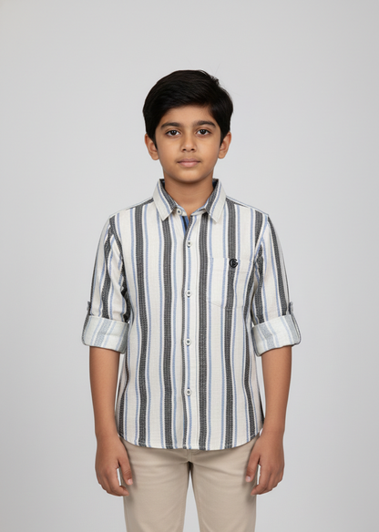 Fyst Cotton Textured Striped Full Sleeve Shirt for Boys - Beige & Black - Fyst Fashion