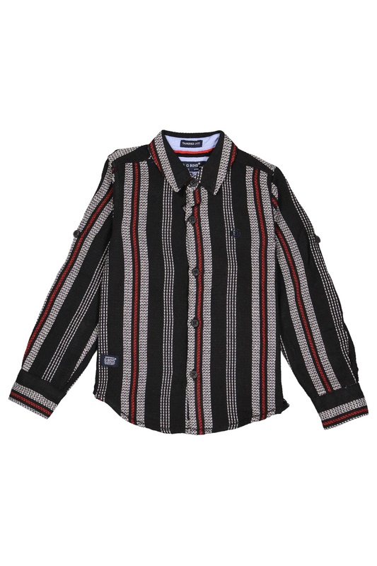 Fyst Boys' Black and Cream Textured Vertical Stripe Long-Sleeve Button-Down Shirt, flat lay view.