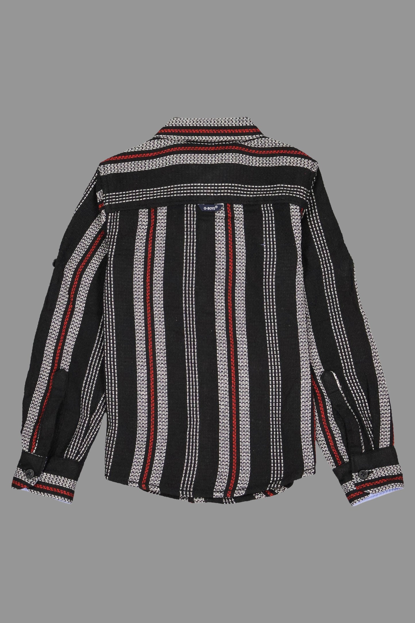 Black and white striped shirt with red accents on a gray background