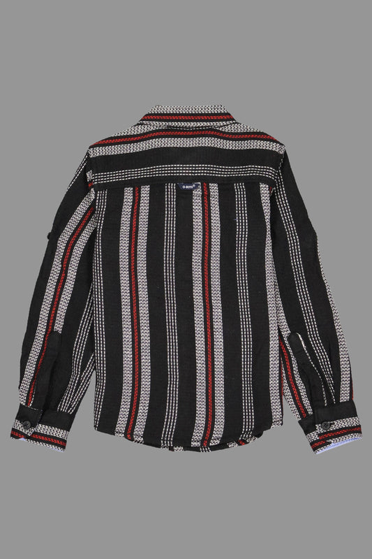 Black and white striped shirt with red accents on a gray background