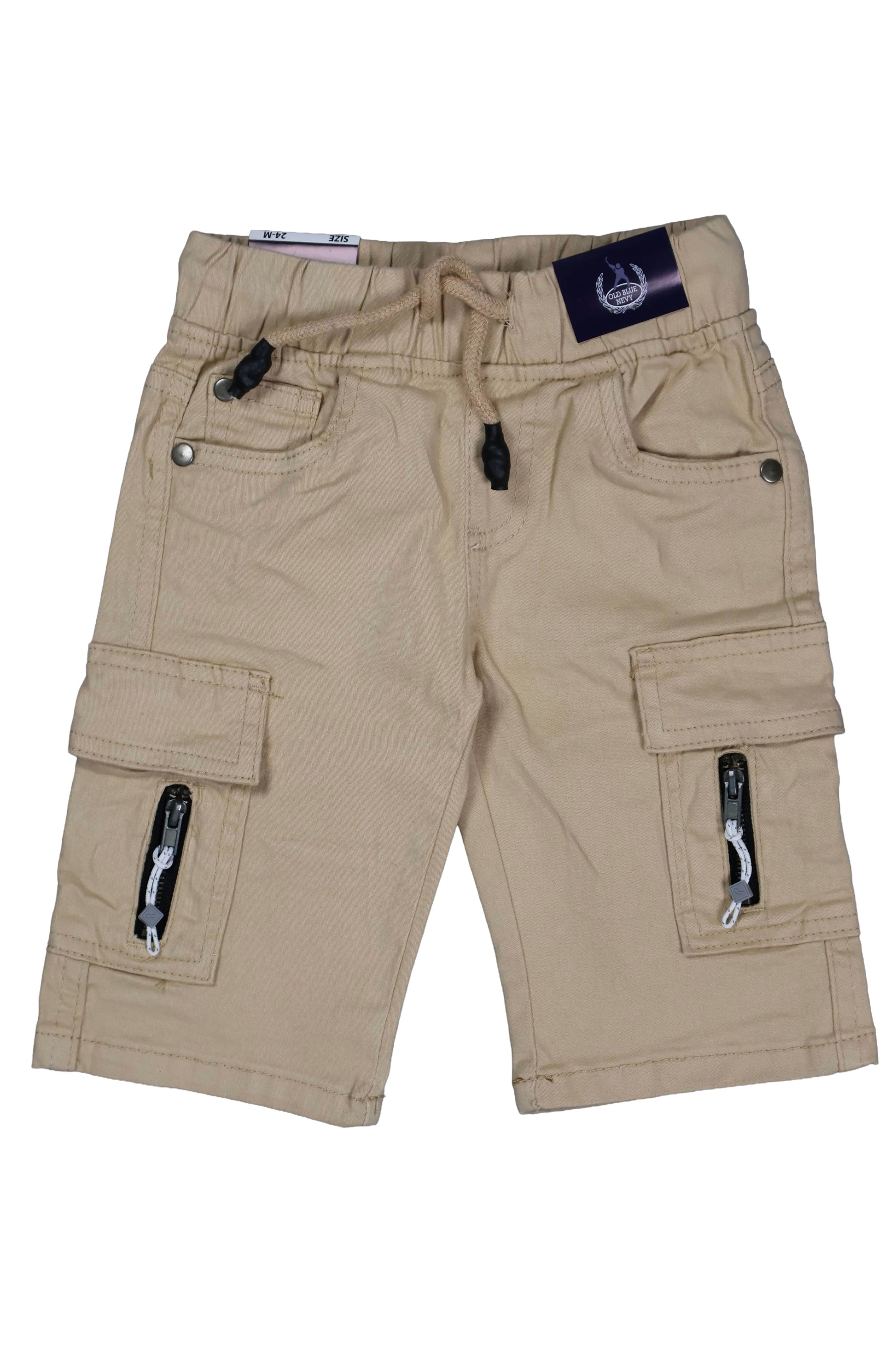 A pair of children's utility cargo shorts in a versatile beige color. The shorts feature an adjustable drawstring waistband, two side cargo pockets with decorative black zipper accents, and a small dark brand patch on the waist. They are shown as a flat lay against a clean white background.