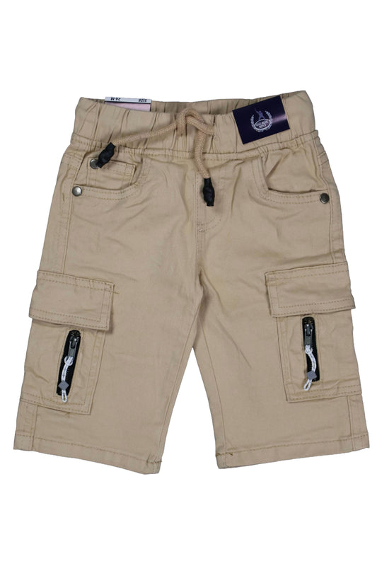 A pair of children's utility cargo shorts in a versatile beige color. The shorts feature an adjustable drawstring waistband, two side cargo pockets with decorative black zipper accents, and a small dark brand patch on the waist. They are shown as a flat lay against a clean white background.