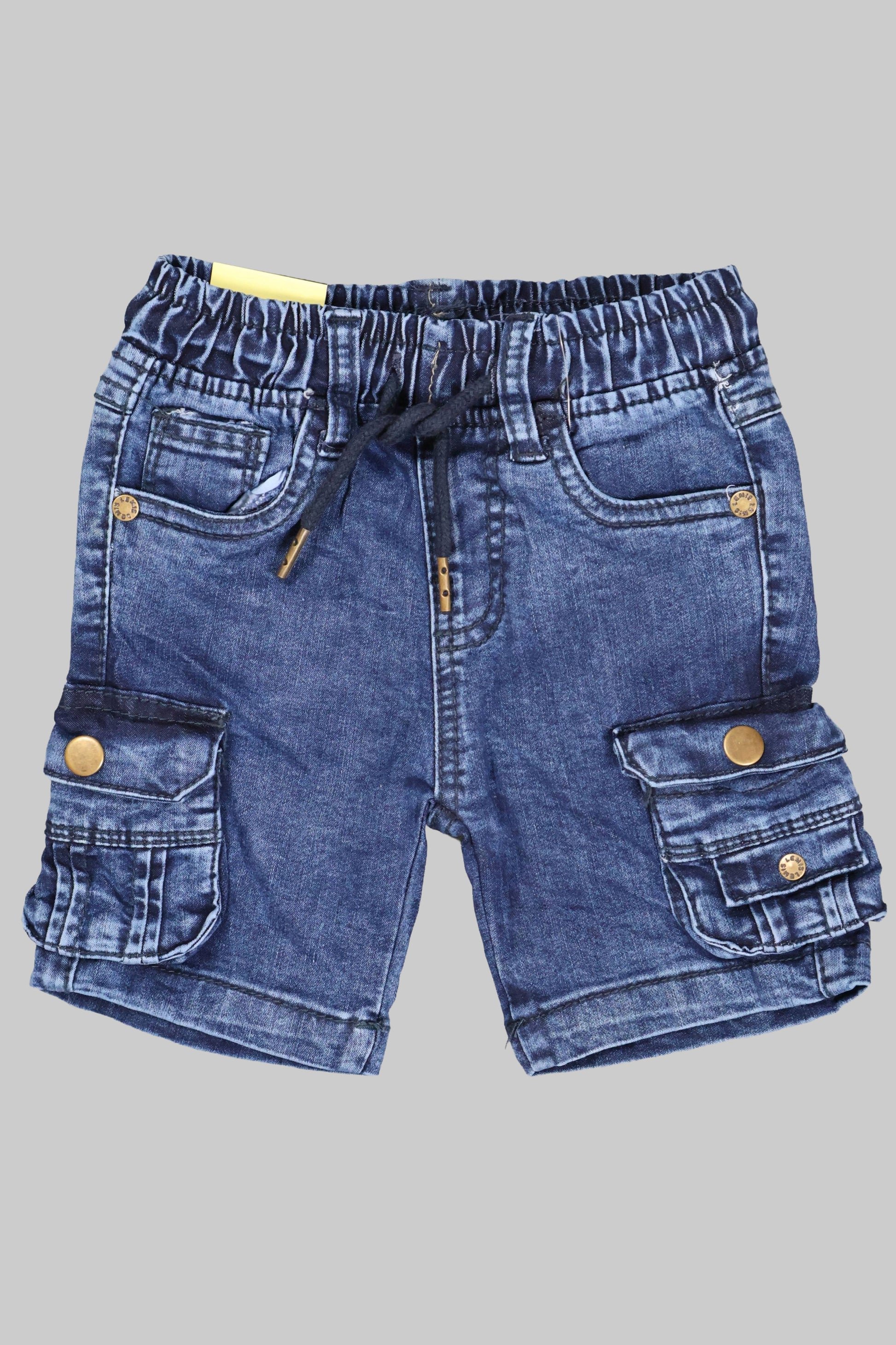 Blue denim shorts with pockets and drawstring on a gray background