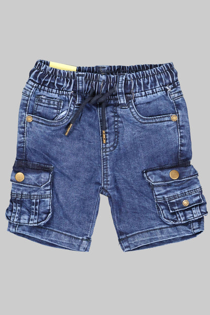 Blue denim shorts with pockets and drawstring on a gray background