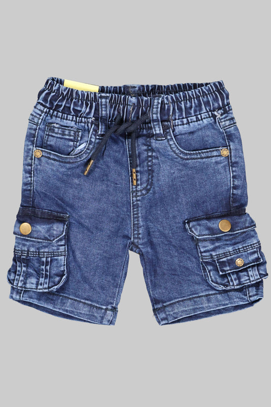 Blue denim shorts with pockets and drawstring on a gray background