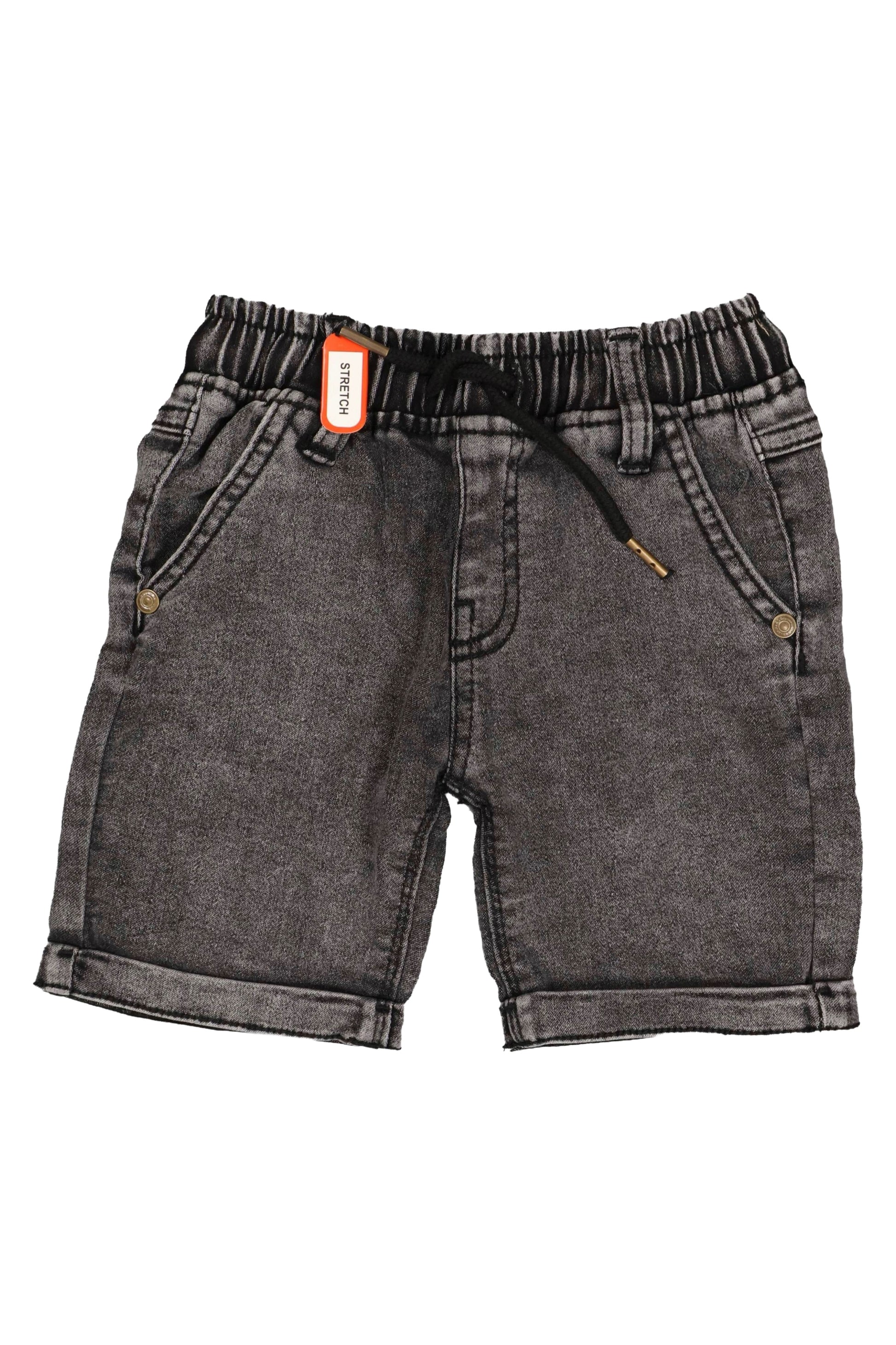 A pair of children's acid-washed charcoal grey denim shorts. The design includes a flexible elastic waistband with a black drawstring, traditional side pockets, and stylishly rolled-up leg cuffs. The shorts are displayed as a flat lay against a light grey background.