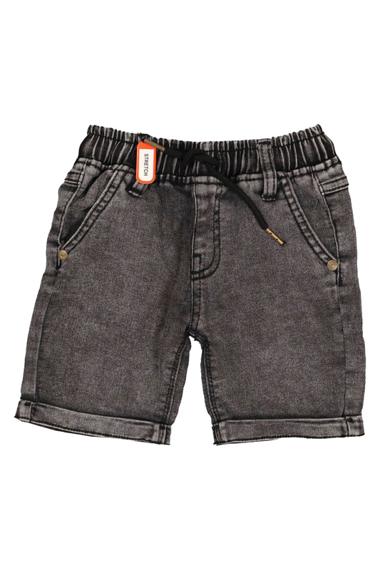 A pair of children's acid-washed charcoal grey denim shorts. The design includes a flexible elastic waistband with a black drawstring, traditional side pockets, and stylishly rolled-up leg cuffs. The shorts are displayed as a flat lay against a light grey background.