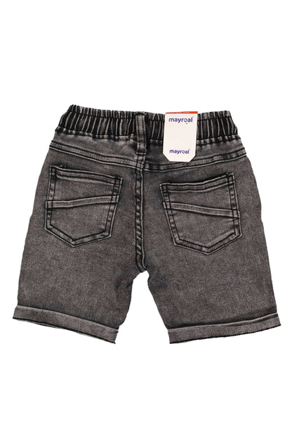 Gray denim shorts with an elastic waistband on a white background, featuring a Mayoral label.