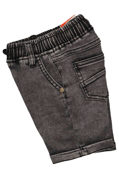 Gray denim shorts with an orange tag on a white background
