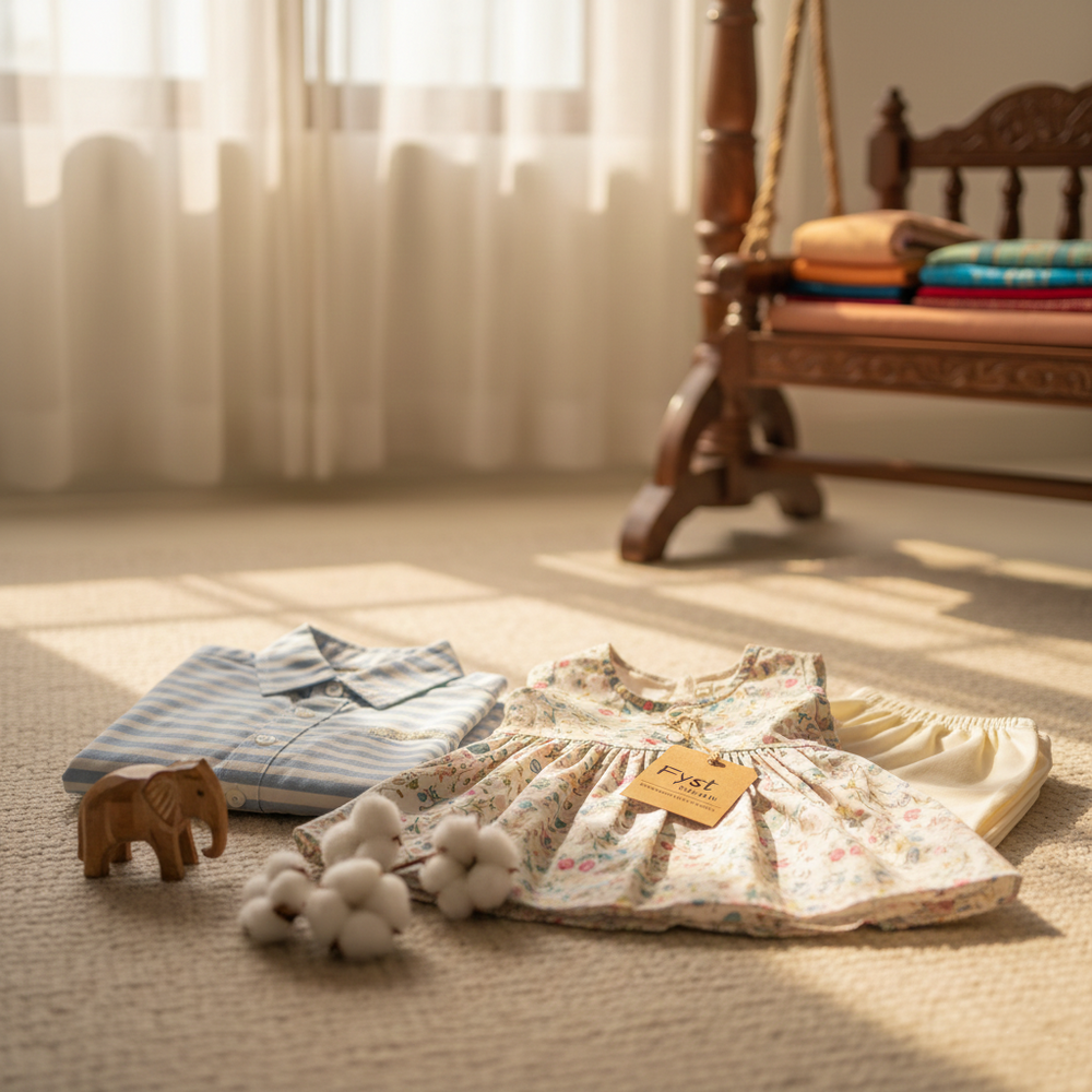 Children's dress with a tag on a carpeted floor, surrounded by toys and a wooden chair in the background.