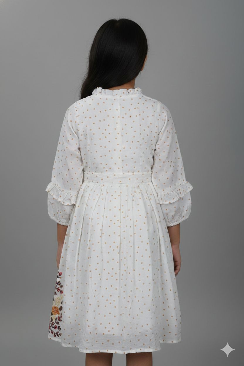 White floral dress worn by a person on a gray background
