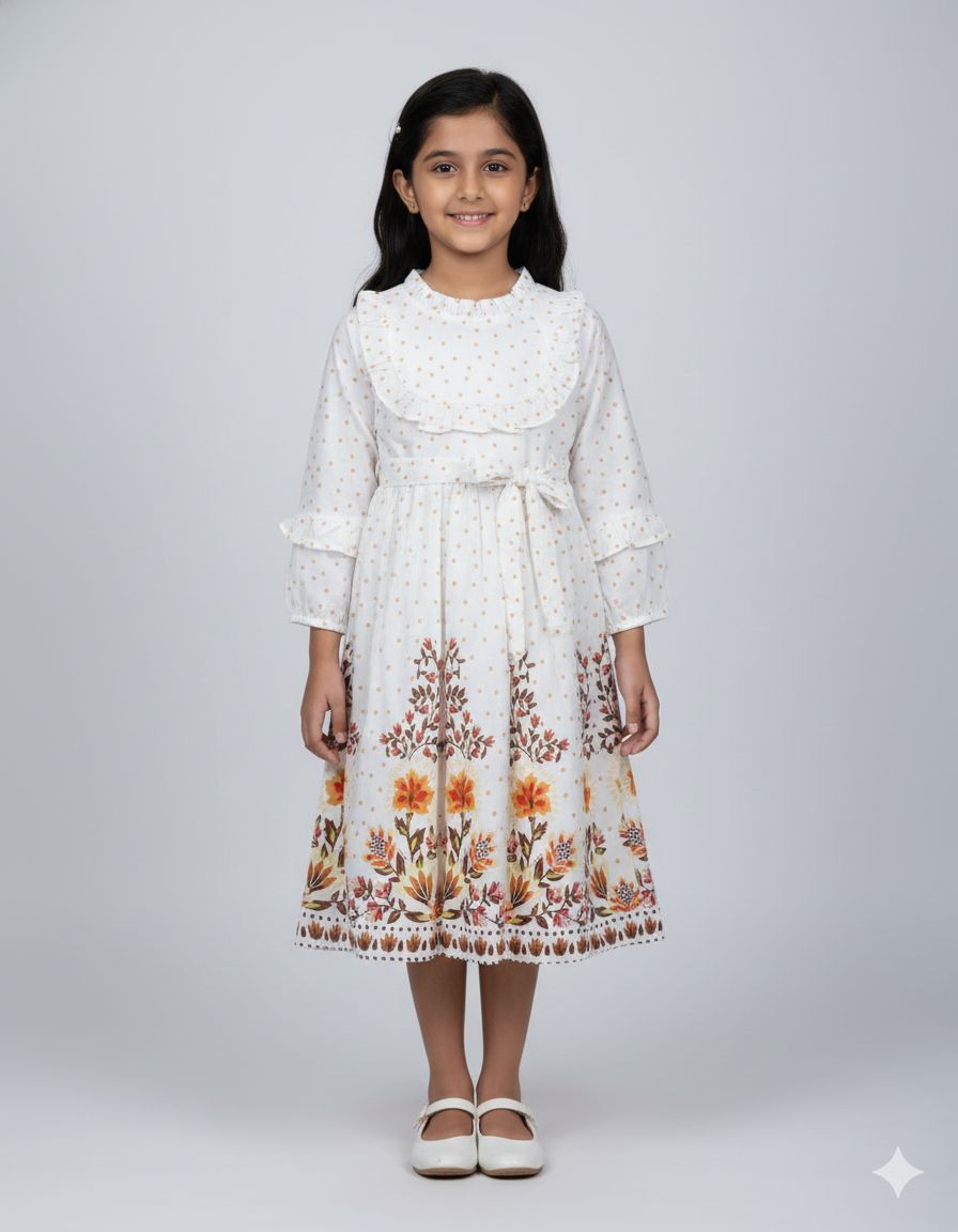 A smiling young girl models a Fyst brand off-white, long-sleeve midi-length frock. The dress features a delicate orange polka dot pattern on the bodice, a ruffled round neckline, and ruffled details on the sleeves. The skirt showcases a vibrant orange and brown floral border print at the hem. It is finished with a matching fabric waist tie and paired with white Mary Jane shoes against a light grey background.