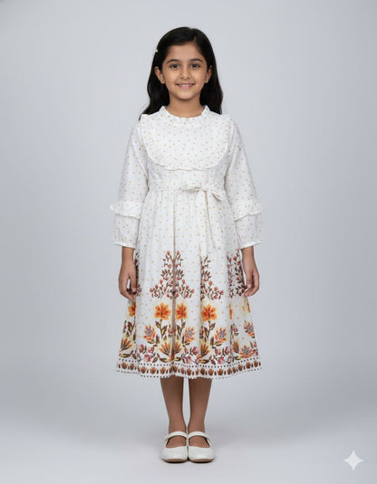 A smiling young girl models a Fyst brand off-white, long-sleeve midi-length frock. The dress features a delicate orange polka dot pattern on the bodice, a ruffled round neckline, and ruffled details on the sleeves. The skirt showcases a vibrant orange and brown floral border print at the hem. It is finished with a matching fabric waist tie and paired with white Mary Jane shoes against a light grey background.