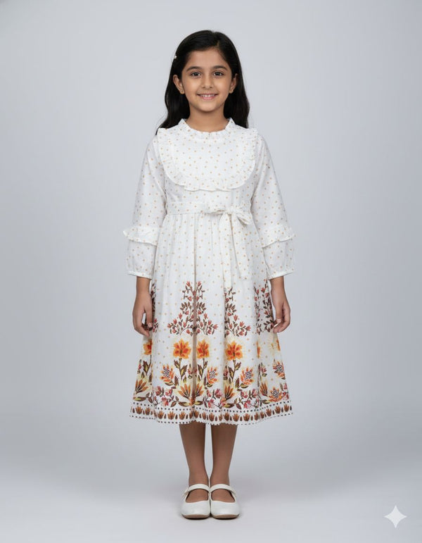 Fyst Premium Polka Dot Cotton Frock with Floral Border for Girls – White