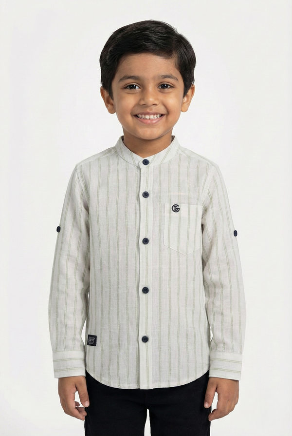 Fyst Linen Look Breathable Fabric Party Wear Shirt for Boys - Cream & Mint Green