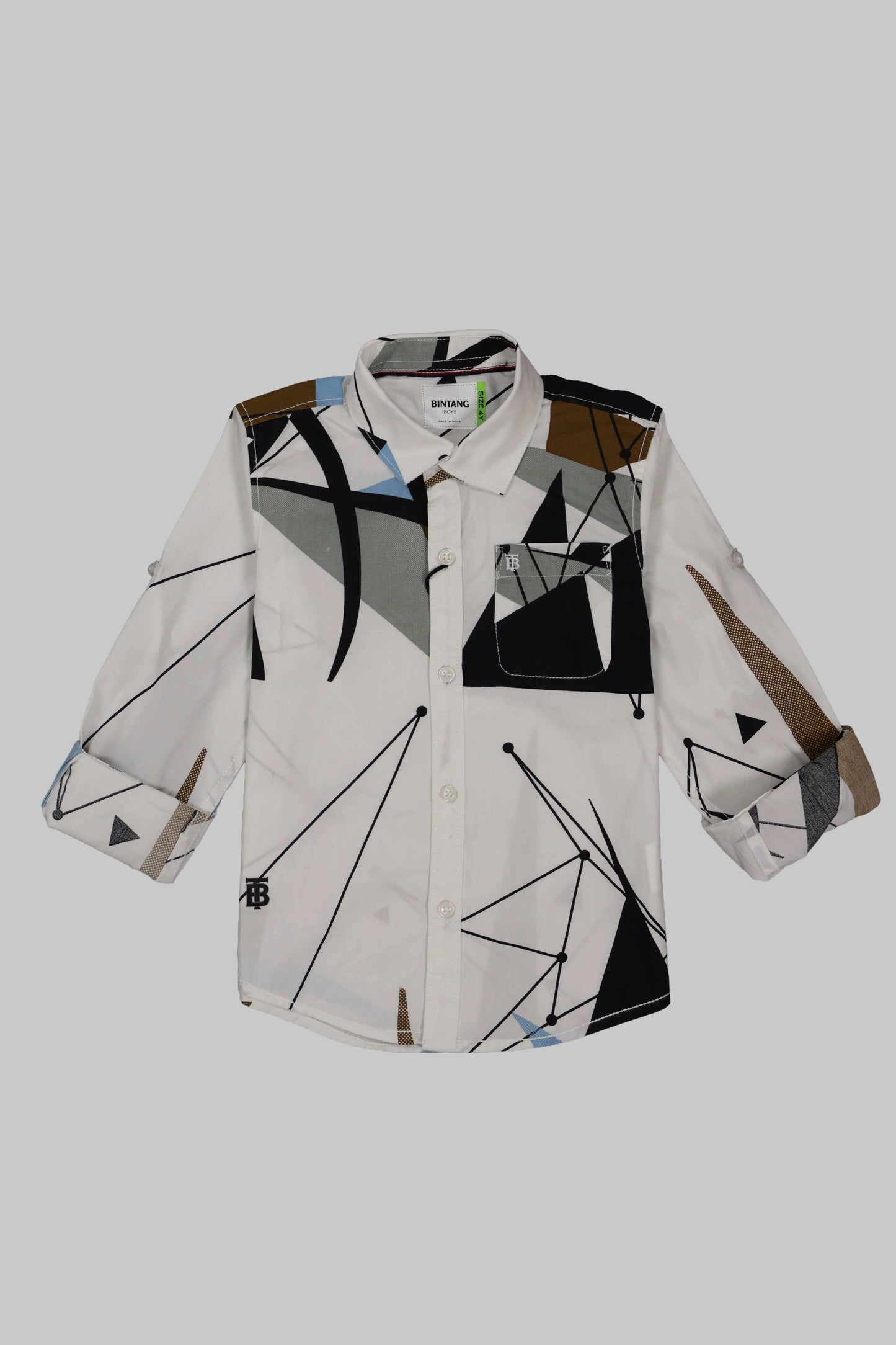 Abstract patterned shirt on a light gray background