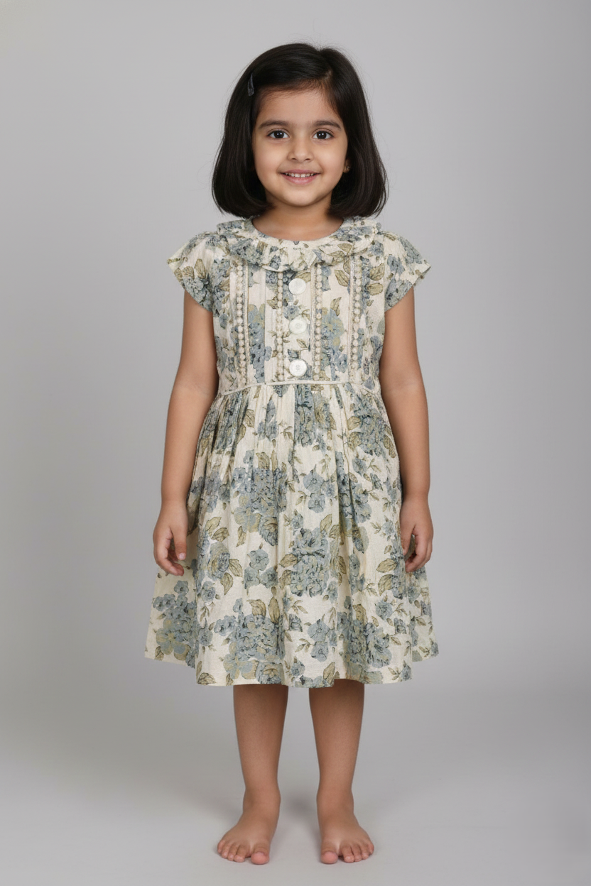 A cream-colored girls' dress featuring a vintage blue and grey floral print, hanging on a hanger. The dress has a ruffled Peter Pan collar, short ruffled cap sleeves, and a bodice decorated with three large white buttons and vertical lace trim. It features a fitted waist with piping and a full, gathered skirt