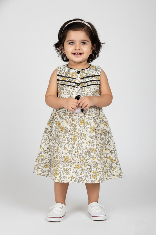 Fyst Premium Cotton Botanical Print Sleeveless Frock for Girls – Ivory & Mustard
