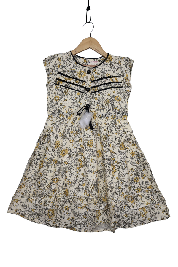 Fyst Premium Cotton Botanical Print Sleeveless Frock for Girls – Ivory & Mustard
