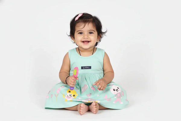 Fyst Premium Cotton Knit Graphic Play Frock for Baby Girls – Sea Green