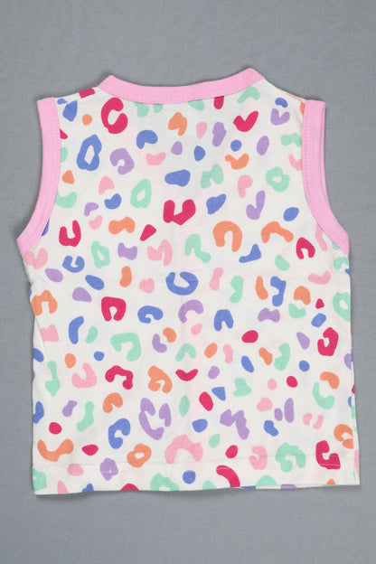 Colorful leopard print baby romper on a gray background