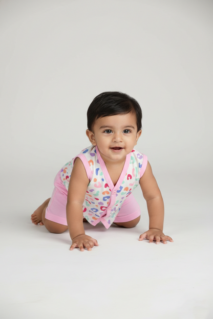 Baby boy in pastel leopard print cotton vest and pink shorts on white background