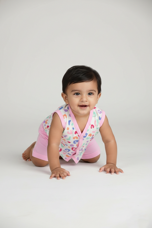Baby boy in pastel leopard print cotton vest and pink shorts on white background