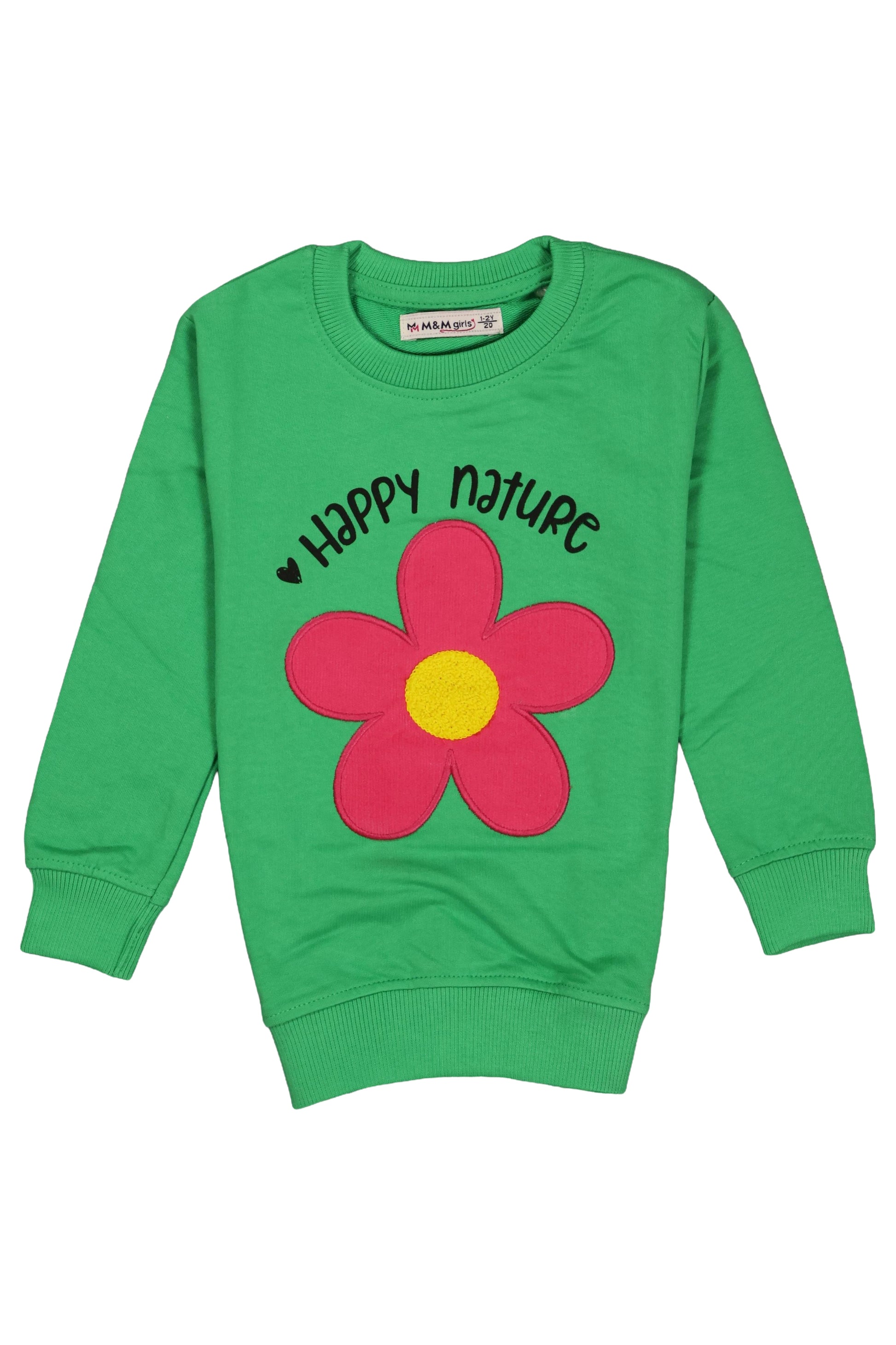 Green cotton girls' sweatshirt with pink flower graphic and 'Happy Nature' text