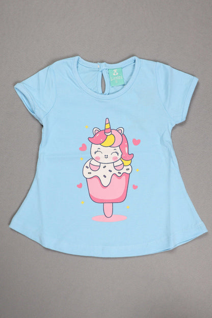 Light blue pet shirt with a unicorn ice cream design on a gray background