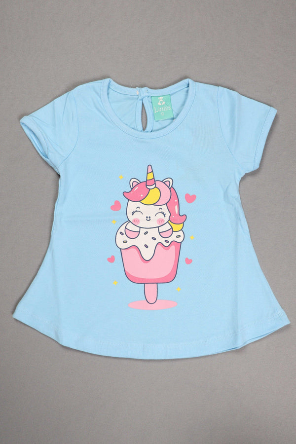 Fyst Premium Cotton Knit Unicorn Pop Graphic Frock for Baby Girls – Sky Blue