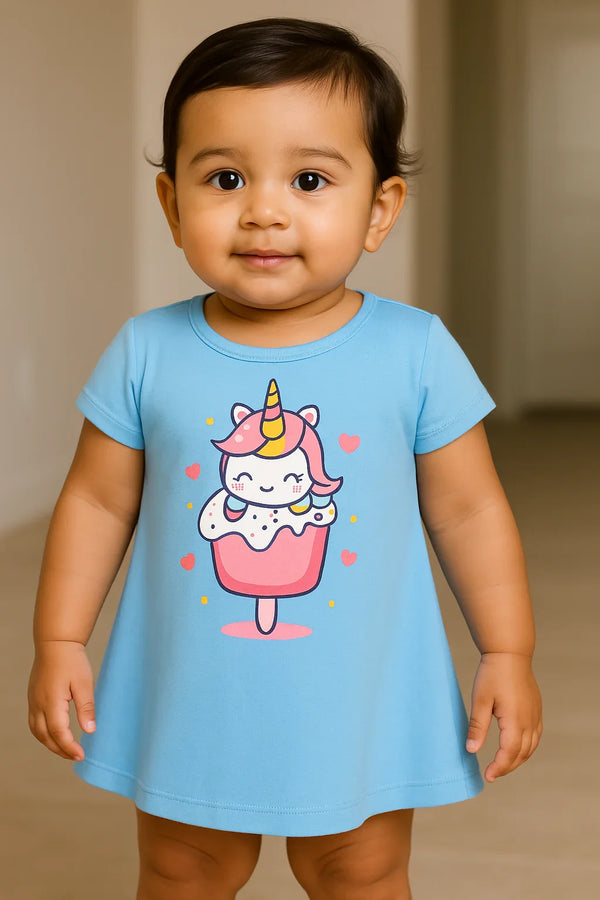 Fyst Premium Cotton Knit Unicorn Pop Graphic Frock for Baby Girls – Sky Blue