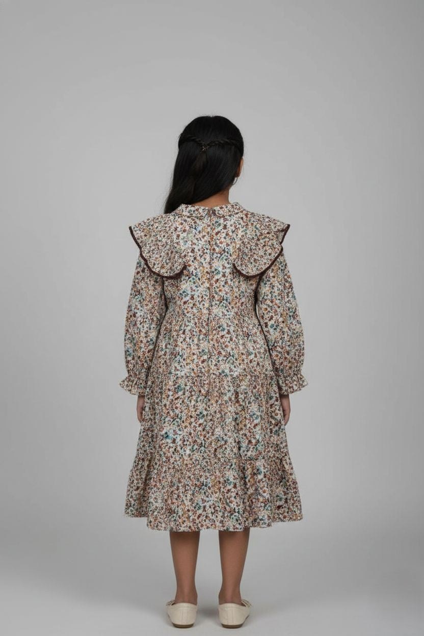 Woman wearing a floral dress with ruffled collar on a gray background